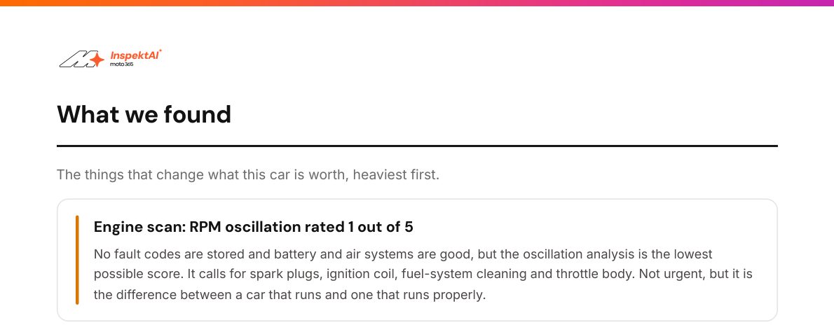 Report finding: engine scan, RPM oscillation rated 1 out of 5. No fault codes stored; battery and air systems good; calls for spark plugs, ignition coil, fuel-system cleaning and throttle body