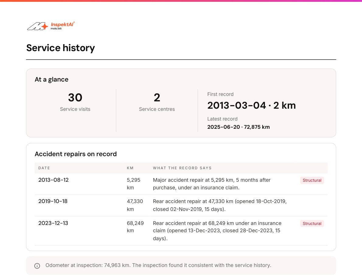 Report page 16: service history, 30 visits at 2 service centres from 2013 to 2025; three accident repairs on record at 5,295, 47,330 and 68,249 km, two structural