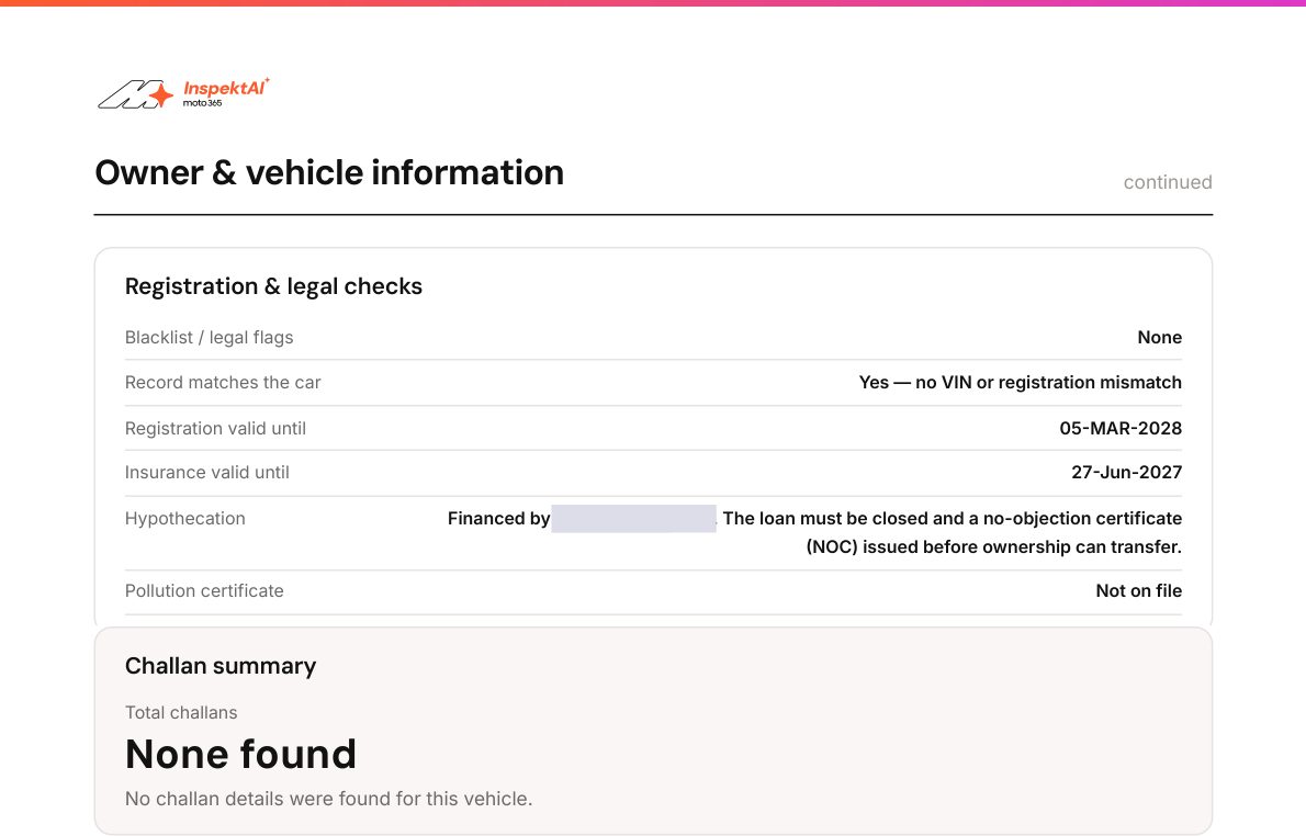Report pages 13 and 14: registration and legal checks; no blacklist flags, record matches the car with no VIN or registration mismatch, financed (loan must be closed), no pollution certificate on file, no challans found
